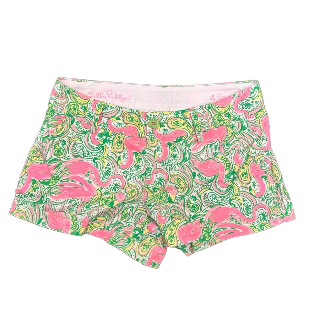 Lilly Pulitzer Walsh Short • Green + Pink Flamingo Print • Size: 4 • EUC